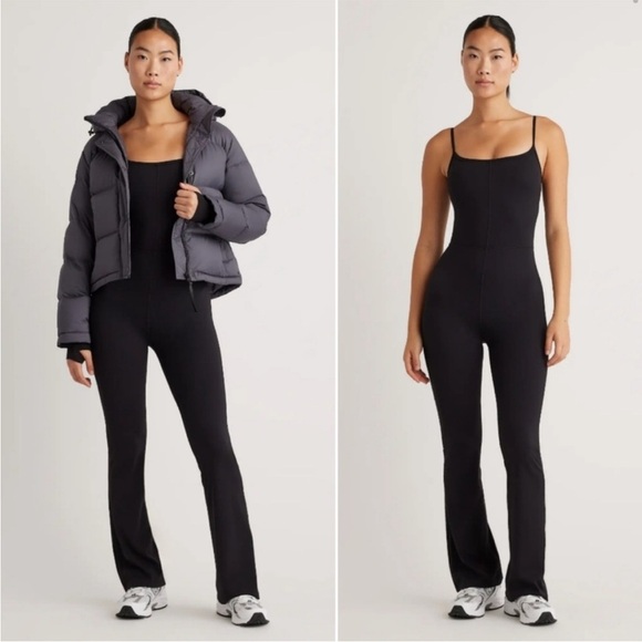 Quince Ultra Form Flare Jumpsuit Black L Adjustable Straps Stretchy One-Piece - Picture 1 of 14